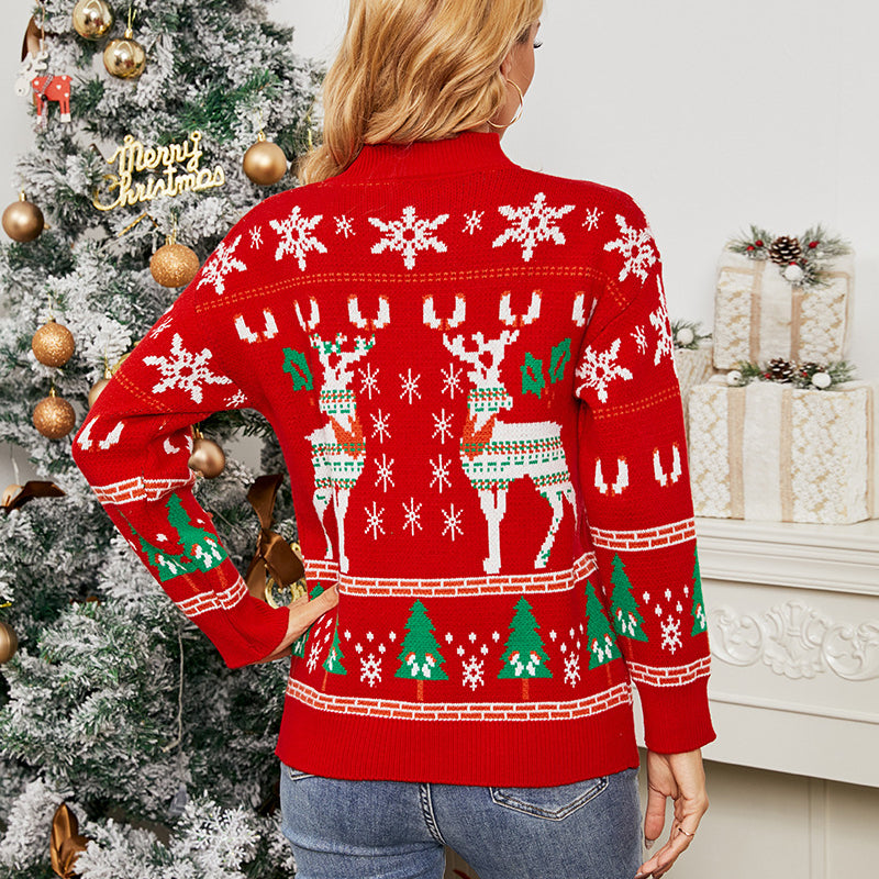 Ugly Christmas Sweater Knitted Pullover Red Christmas Elk Deer Print