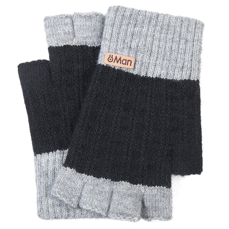 Color Block Black Fingerless Gloves Warm Thick Knitted Mens