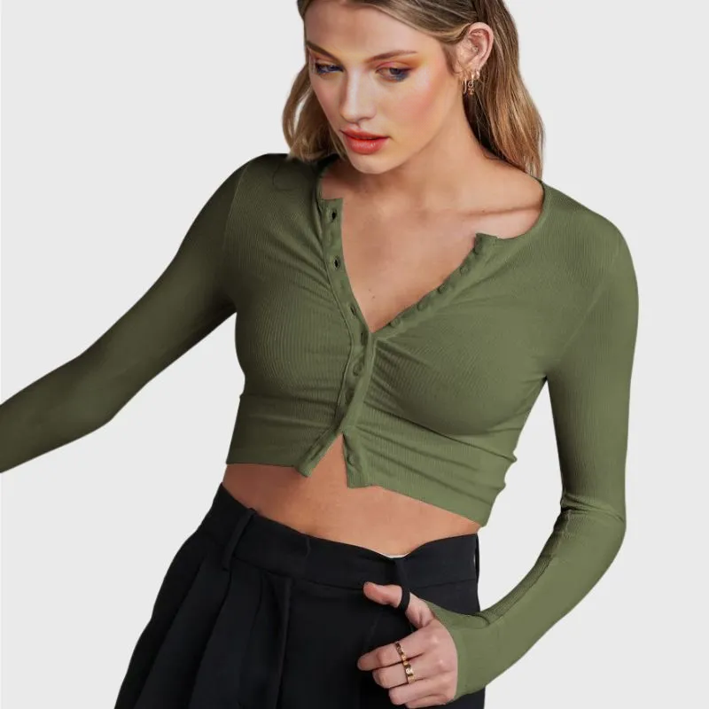 Button Up Crop Top Shirt Long Sleeve