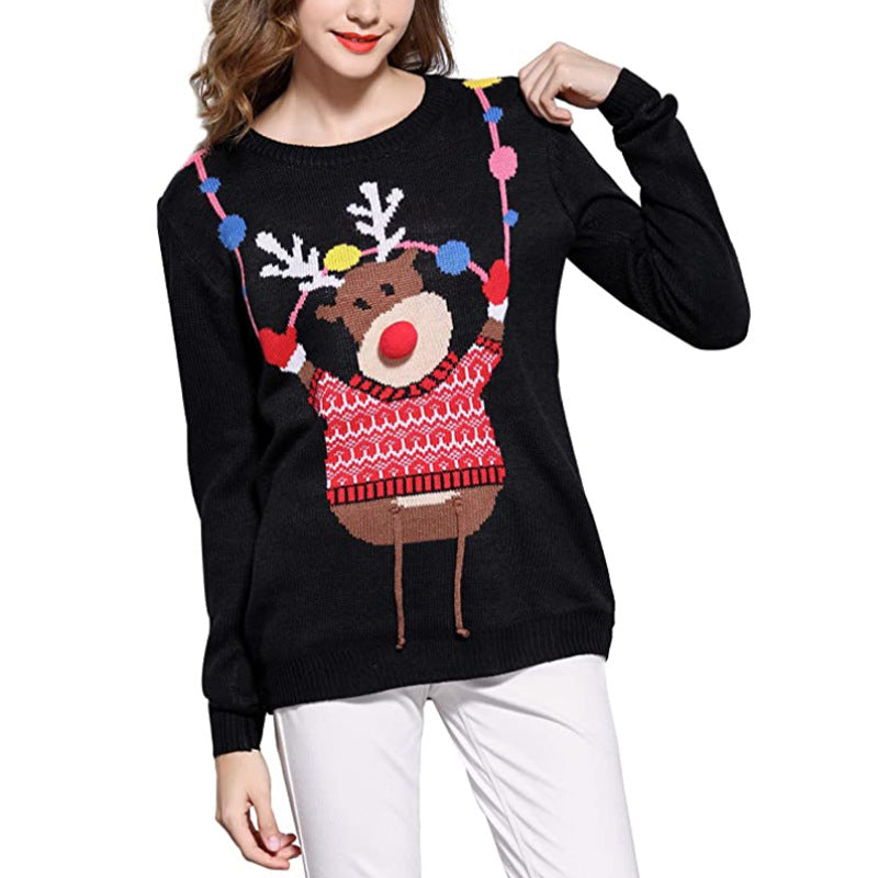 Ugly Christmas Sweater Long Sleeve Pullover Elk Deer Print