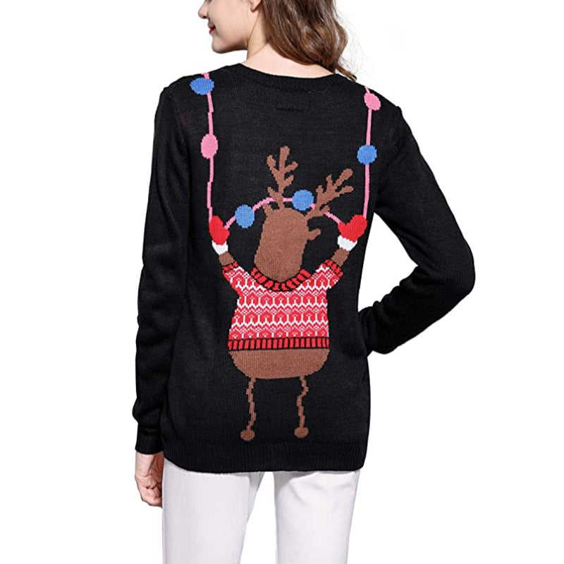 Ugly Christmas Sweater Long Sleeve Pullover Elk Deer Print