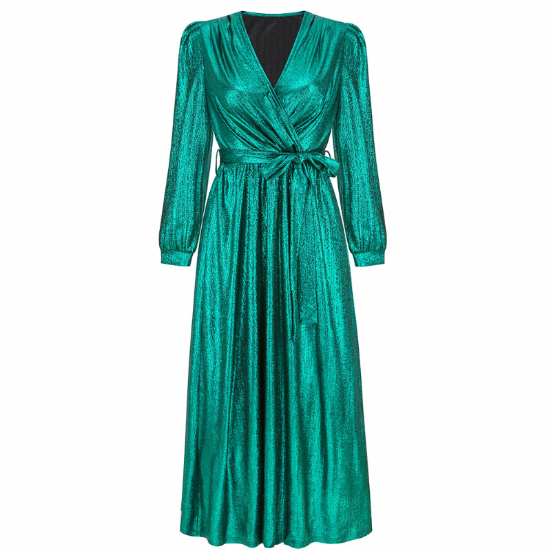 Women's Sparkly Metallic Dress Xmas Party Dress V-neck Maxi Dress in Green Shiny