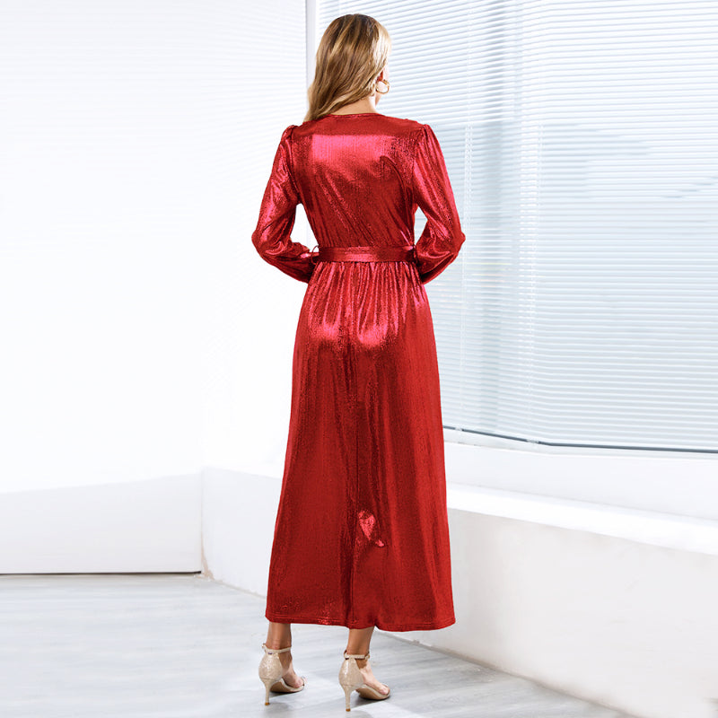 Women's Sparkly Metallic Dress Xmas Party Dress V-neck Maxi Dress in Red Shiny