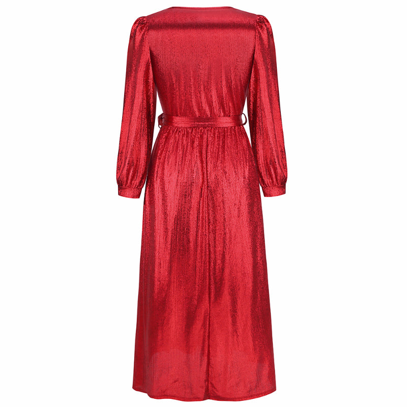 Women's Sparkly Metallic Dress Xmas Party Dress V-neck Maxi Dress in Red Shiny