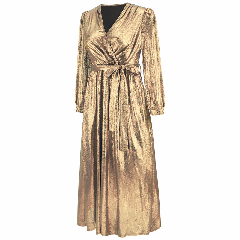 Women's Sparkly Metallic Dress Xmas Party Dress V-neck Prom Dress in Golden Shiny