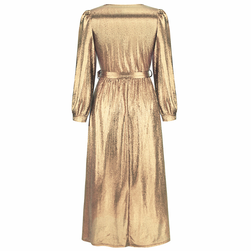 Women's Sparkly Metallic Dress Xmas Party Dress V-neck Prom Dress in Golden Shiny