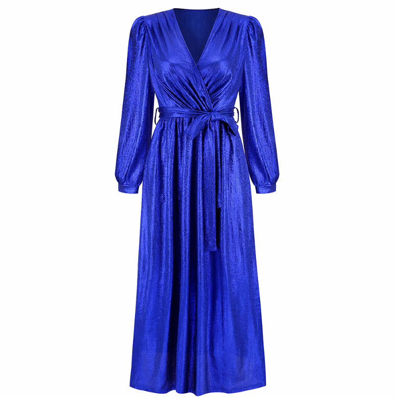 Women's Sparkly Metallic Dress Xmas Party Dress V-neck Maxi in Blue Shiny