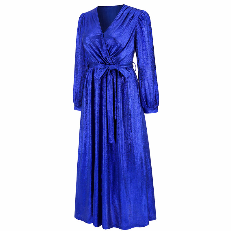 Women's Sparkly Metallic Dress Xmas Party V-neck Prom Dress in Blue Shiny