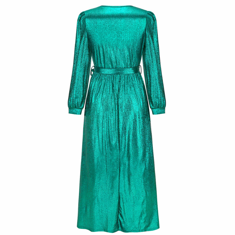 Women's Sparkly Metallic Dress Xmas Party Dress V-neck Maxi Dress in Green Shiny