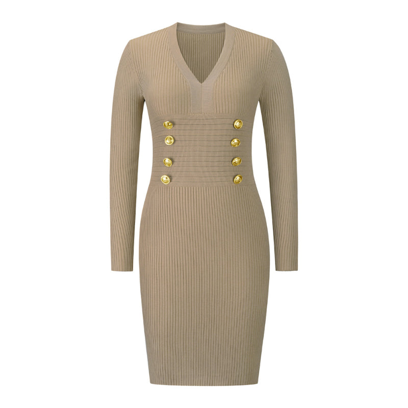 Kakhi Ribbed Knit Dress V Neck Button Down Elegant Midi Dress