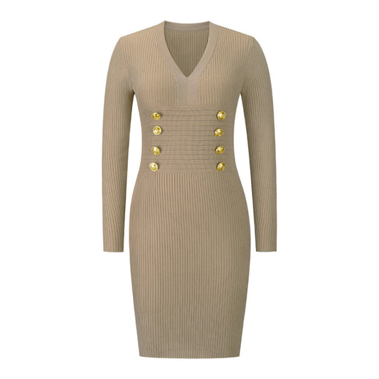 Kakhi Ribbed Knit Dress V Neck Button Down Elegant Midi Dress