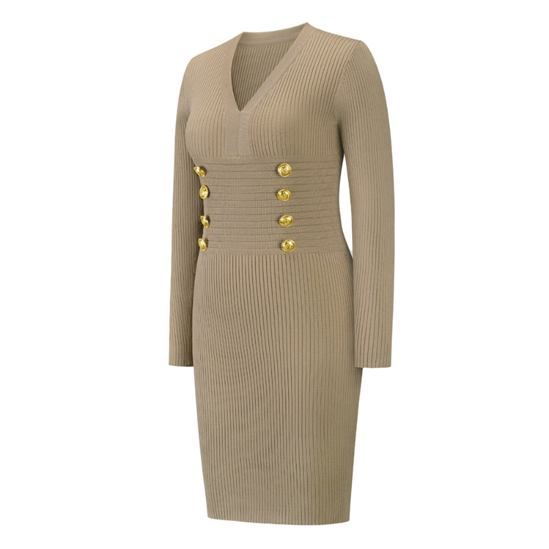 Kakhi Ribbed Knit Dress V Neck Button Down Elegant Midi Dress