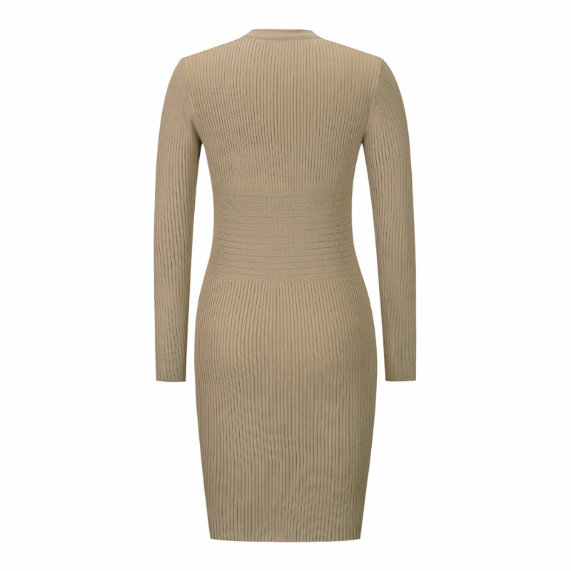 Kakhi Ribbed Knit Dress V Neck Button Down Elegant Midi Dress