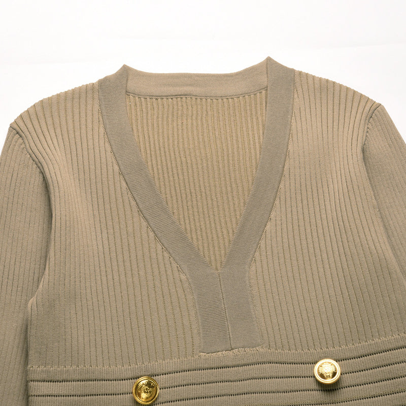 Kakhi Ribbed Knit Dress V Neck Button Down Elegant Midi Dress