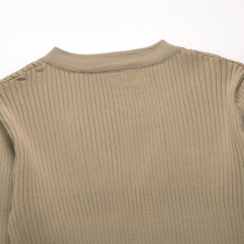 Kakhi Ribbed Knit Dress V Neck Button Down Elegant Midi Dress