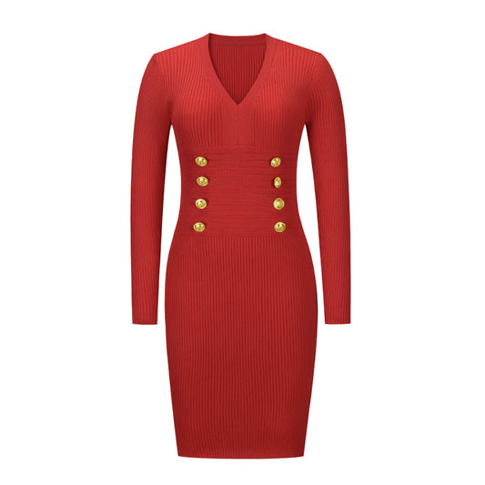 Red Ribbed Knit Dress V Neck Button Down Elegant Midi Dress