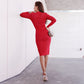 Red Ribbed Knit Dress V Neck Button Down Elegant Midi Dress