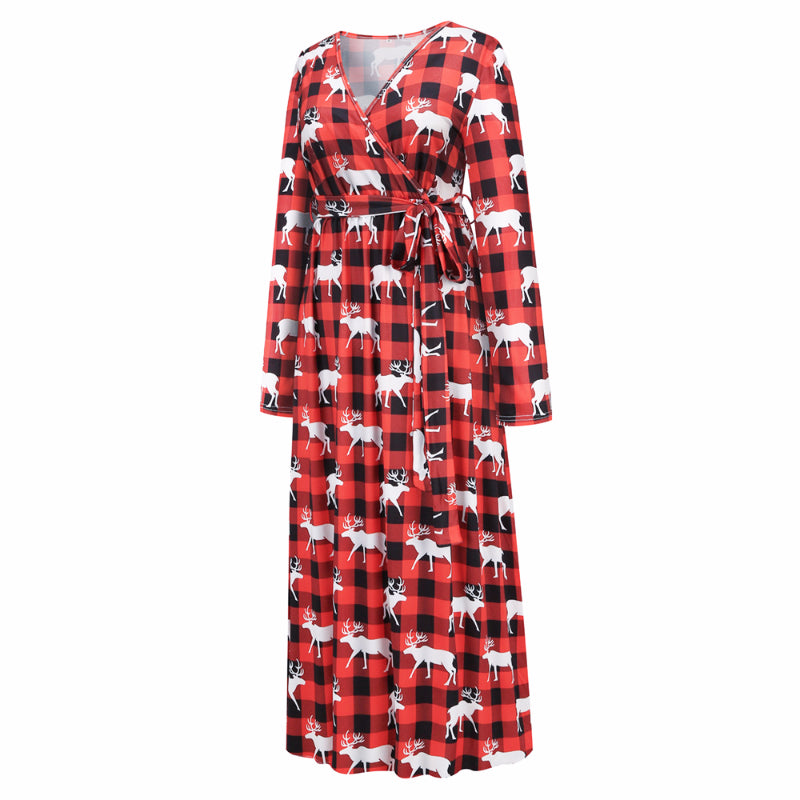 Christmas Dresses for Women Long Sleeve V-neck Long Waist Tie Prom Dresses Elk Printed