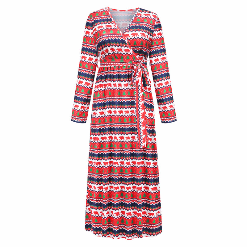 Christmas Dresses for Women Long Sleeve V-neck Long Waist Tie Prom Dresses Animal Print