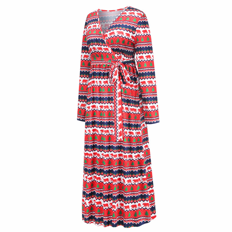Christmas Dresses for Women Long Sleeve V-neck Long Waist Tie Prom Dresses Animal Print