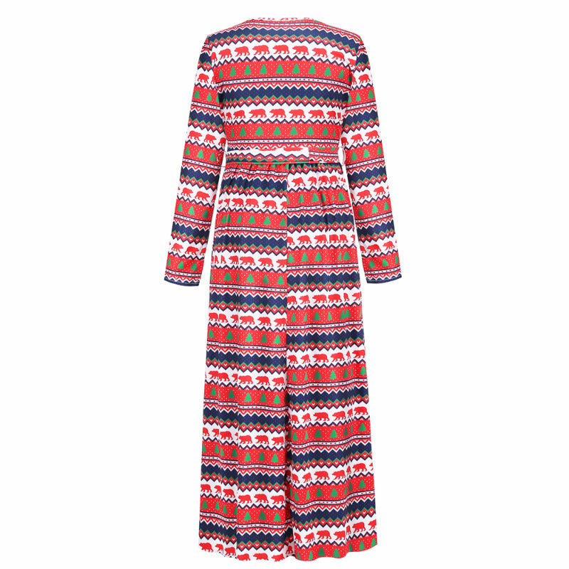 Christmas Dresses for Women Long Sleeve V-neck Long Waist Tie Prom Dresses Animal Print