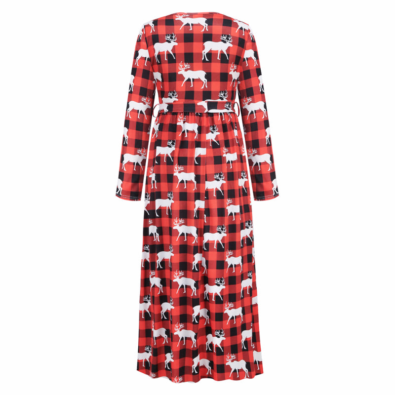Christmas Dresses for Women Long Sleeve V-neck Long Waist Tie Prom Dresses Elk Printed