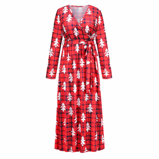 Christmas Dresses for Women Long Sleeve V-neck Long Waist Tie Dress Tree Print