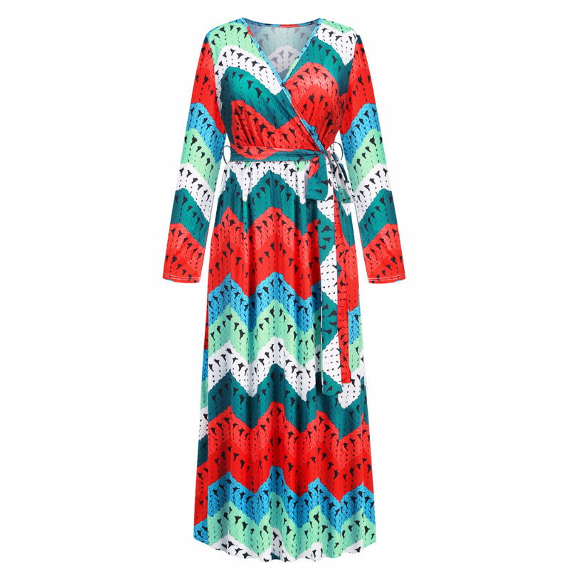 Christmas Dresses for Women Long Sleeve V-neck Long Waist Tie Dress in Watermelon