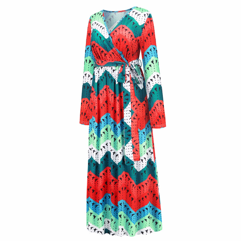 Christmas Dresses for Women Long Sleeve V-neck Long Waist Tie Dress in Watermelon