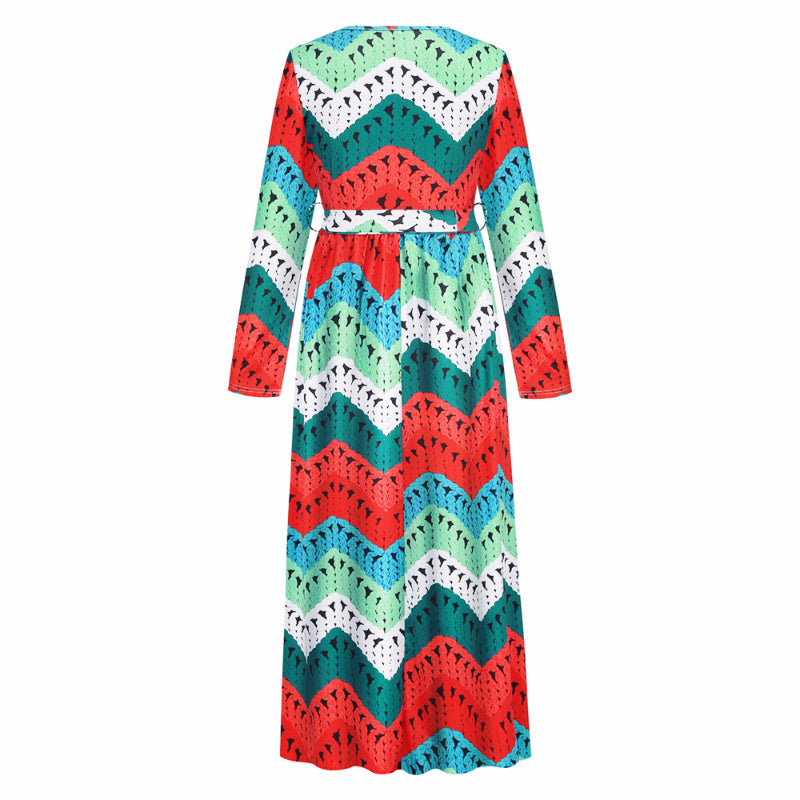 Christmas Dresses for Women Long Sleeve V-neck Long Waist Tie Dress in Watermelon