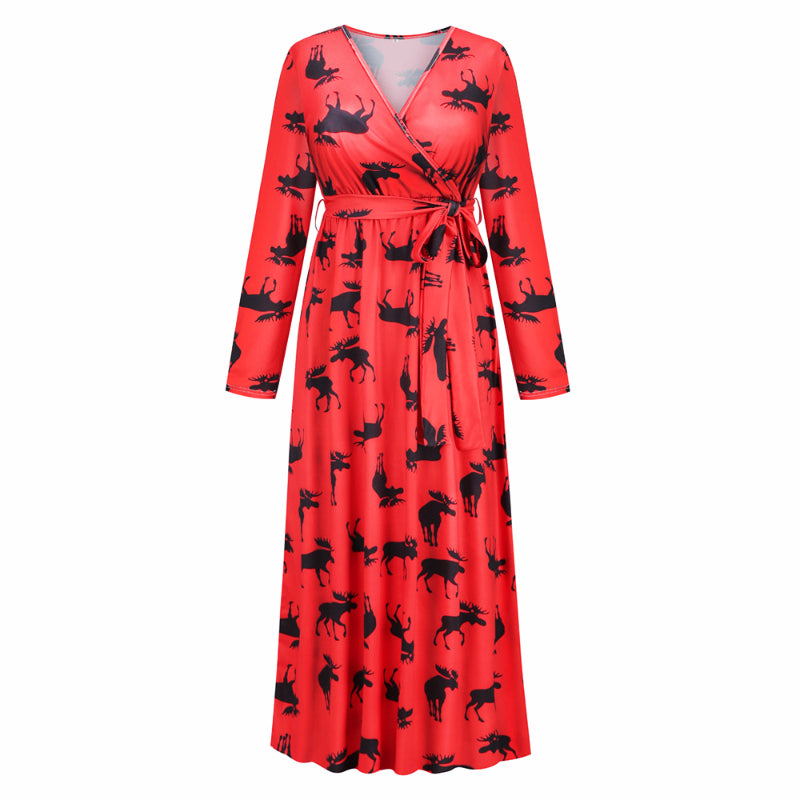 Christmas Dresses for Women Long Sleeve V-neck Long Waist Tie Dress in Elk Print