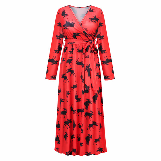 Christmas Dresses for Women Long Sleeve V-neck Long Waist Tie Dress in Elk Print