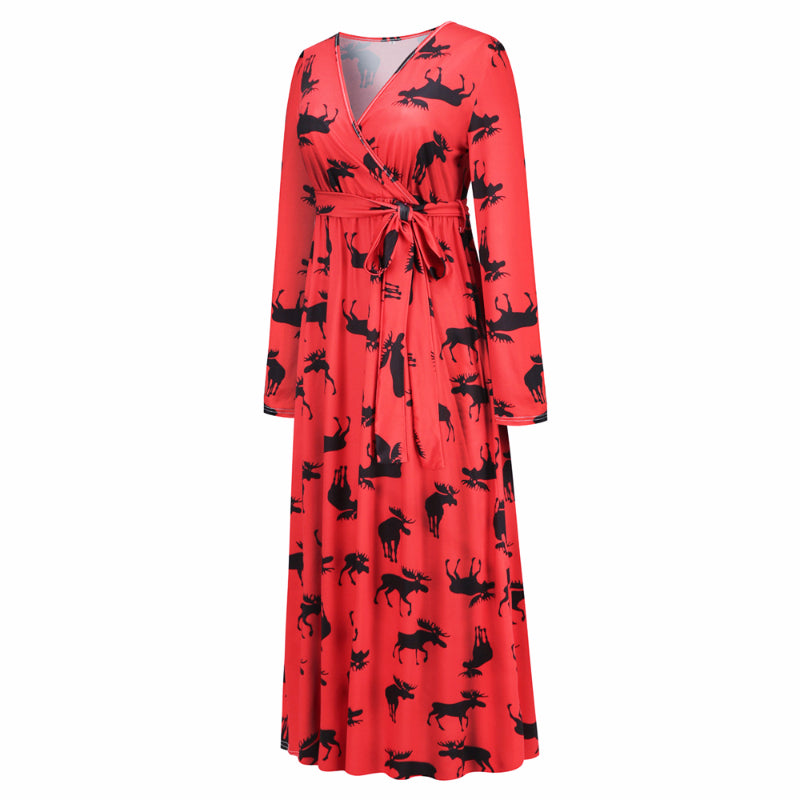 Christmas Dresses for Women Long Sleeve V-neck Long Waist Tie Dress in Elk Print