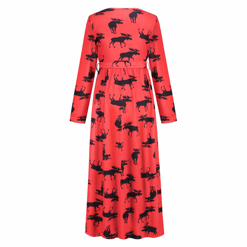 Christmas Dresses for Women Long Sleeve V-neck Long Waist Tie Dress in Elk Print