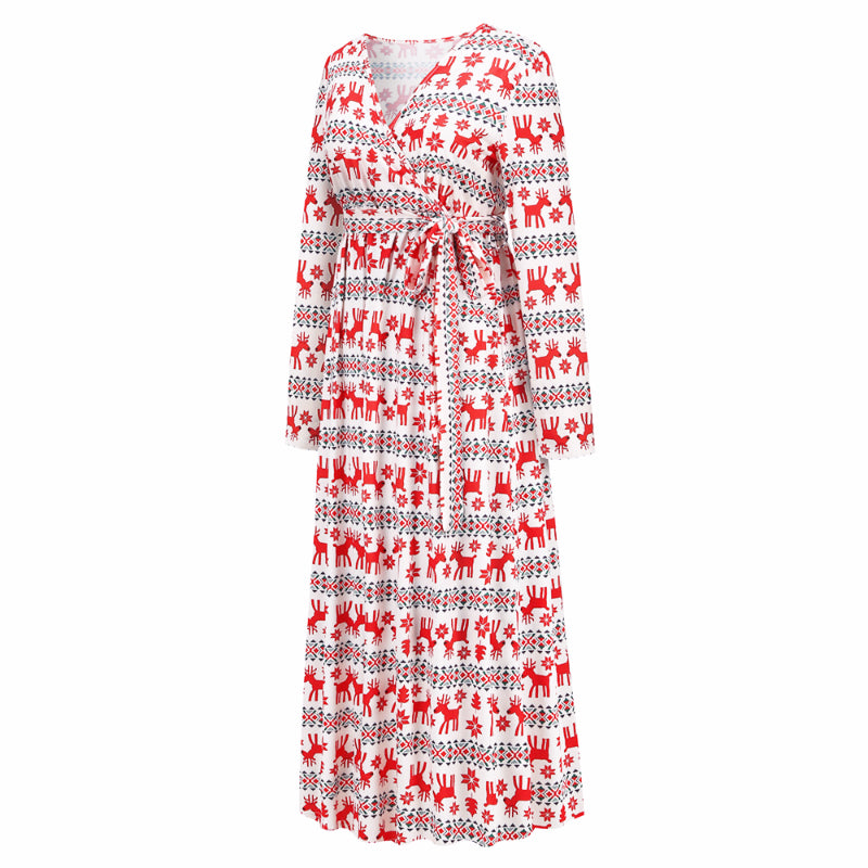Christmas Dresses for Women Long Sleeve V-neck Long Waist Tie Dress in White