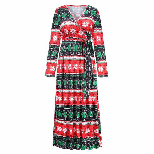 Christmas Dresses for Women Long Sleeve V-neck Long Waist Tie Dress Snow Print