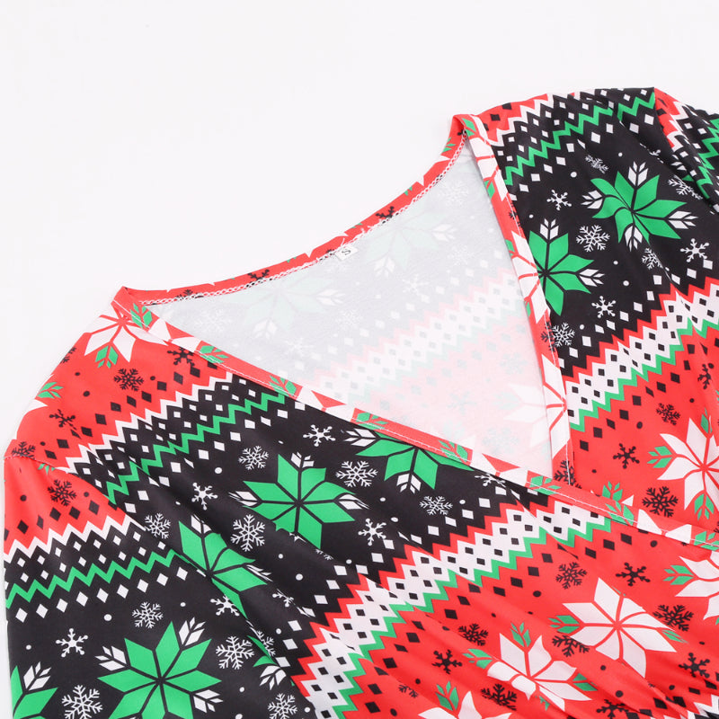 Christmas Dresses for Women Long Sleeve V-neck Long Waist Tie Dress Snow Print