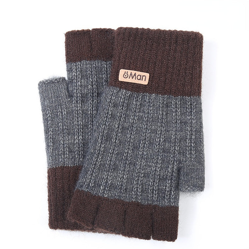 Color Block Black Fingerless Gloves Warm Thick Knitted Mens