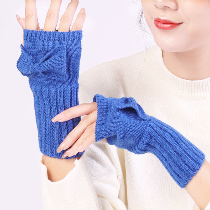 Long Fingerless Gloves Womens with Bow in Blue