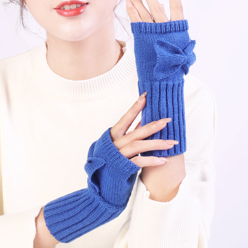 Long Fingerless Gloves Womens with Bow in Blue