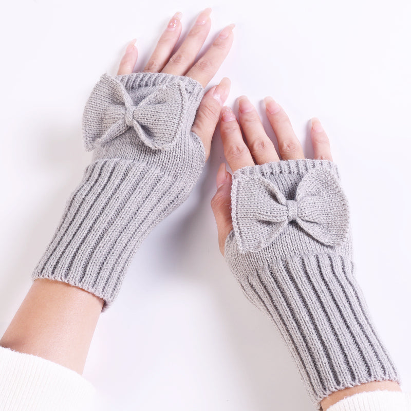 Long Fingerless Gloves Womens with Bow in Grey