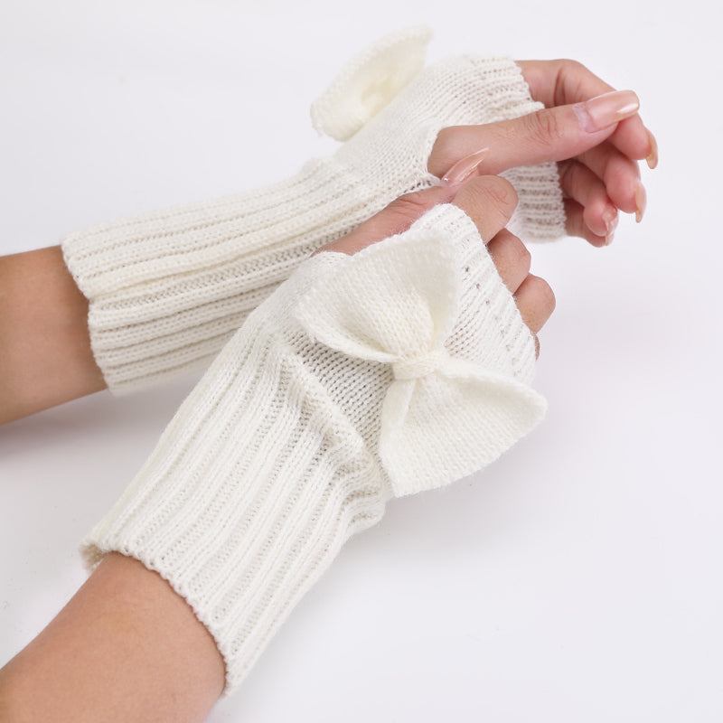 Long Fingerless Gloves Womens with Bow in White