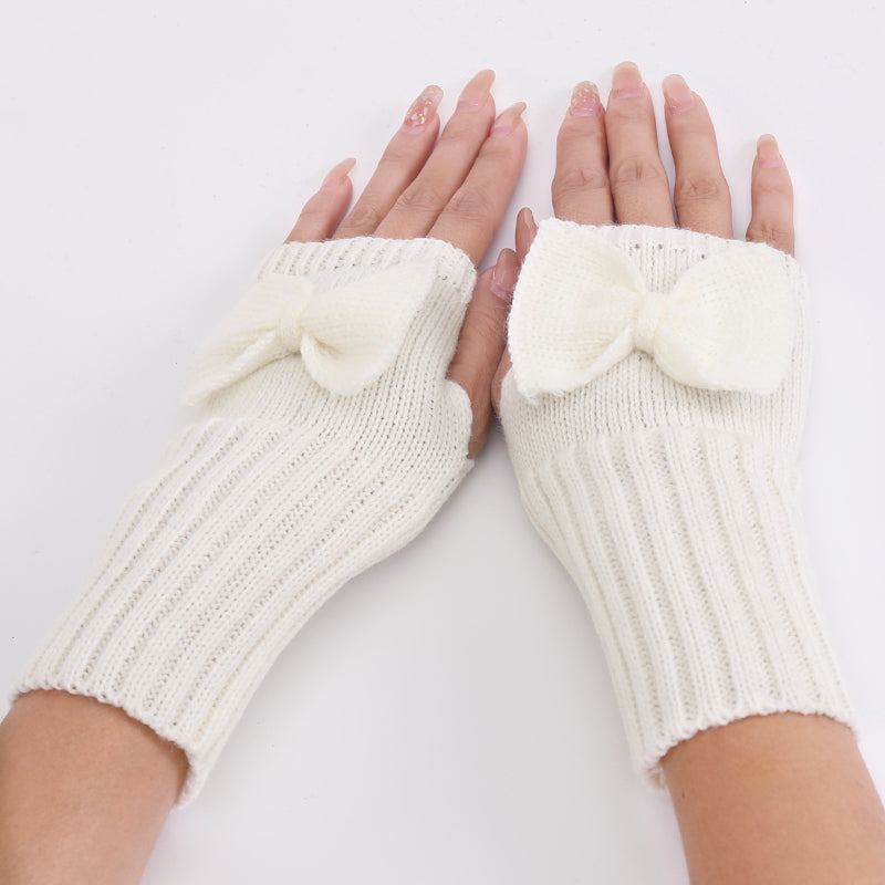 Long Fingerless Gloves Womens with Bow in White