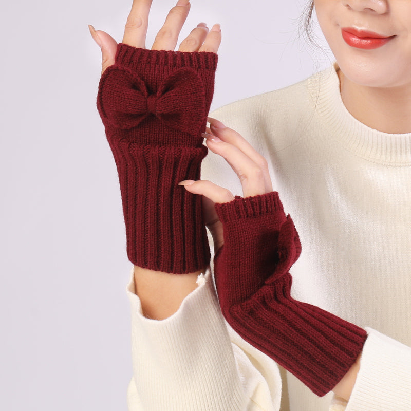 Long Fingerless Gloves Womens with Bow in Burgundy