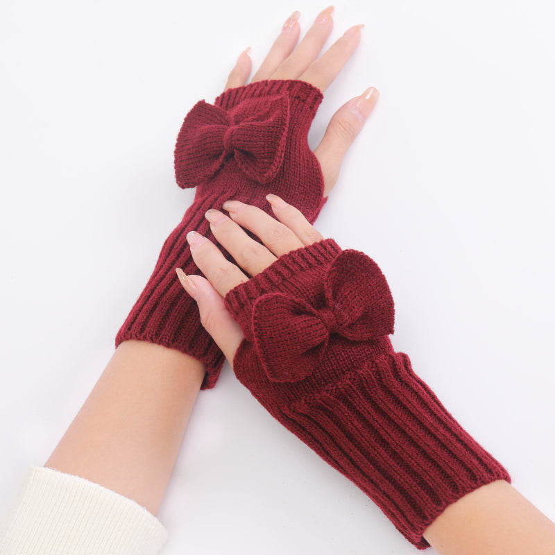 Long Fingerless Gloves Womens with Bow in Burgundy