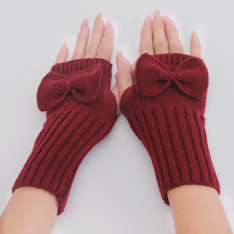 Long Fingerless Gloves Womens with Bow in Burgundy