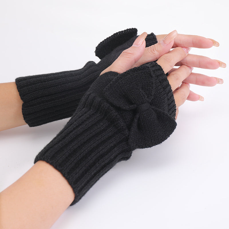 Long Fingerless Gloves Womens with Bow in Black