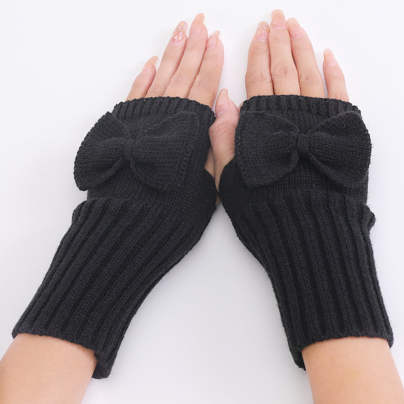 Long Fingerless Gloves Womens with Bow in Black