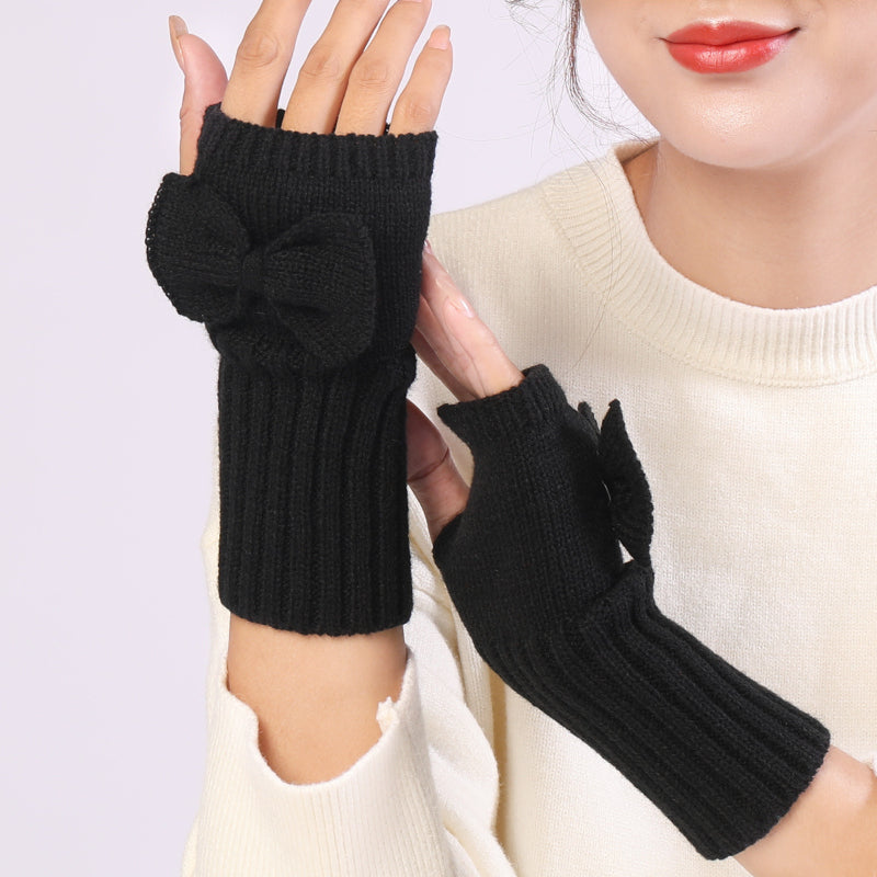 Long Fingerless Gloves Womens with Bow in Black