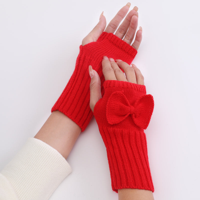 Long Fingerless Gloves with Bow in RED